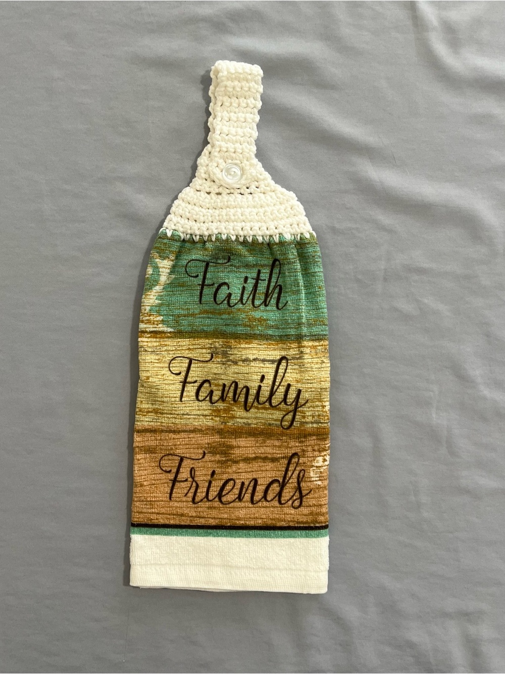 Handmade ‘Faith Family Friends’ Crochet Hanging Kitchen Towel